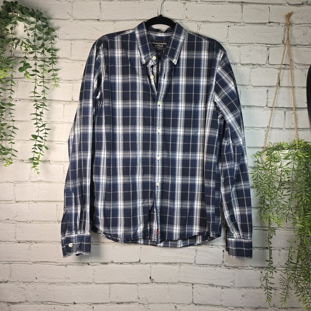 ABERCROMBIE & FITCH LONG SLEEVE PLAID BUTTON DOWN MUSCLE SHIRT MENS MED